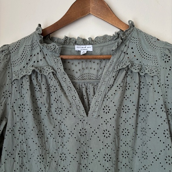Current Air Green Eyelet Short Sleeve Blouse Medium - Picture 2 of 8